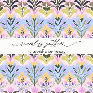 May include: A seamless floral pattern in pastel colors. The design features stylized flowers in yellow, pink, blue, and green, arranged in a repeating pattern. The text "seamless pattern" and "BY MOORE & MOUNTAIN" are displayed on a white banner.
