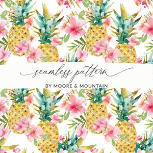 May include: A seamless pattern featuring watercolor pineapples and pink flowers on a white background. The pineapples are gold and have a textured surface. The flowers are delicate and have a soft pink hue. The pattern is perfect for adding a touch of tropical flair to any project.