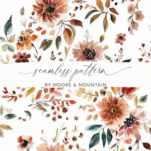 Pode incluir: Um padrão sem costura com ilustrações de aquarela de folhas de outono e flores em tons de marrom, laranja e vermelho. O padrão está sobre um fundo branco e inclui o texto "seamless pattern by Moore & Mountain".