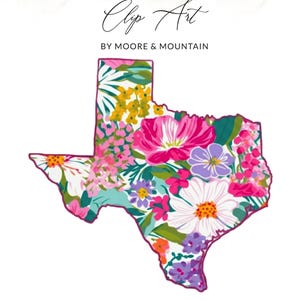 Può includere: Un'illustrazione grafica dello stato del Texas riempita con un vivace motivo floreale caratterizzato da fiori rosa, viola, bianchi, gialli e verdi. Il testo Clip Art BY MOORE & MOUNTAIN è posizionato sopra la forma dello stato in nero.