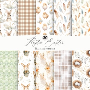 Pacchetto di carta digitale Pasqua rustica, set di motivi senza giunture di Pasqua Boho, sfondi rustici di Pasqua, modelli senza giunture Coniglietto e pulcino di Pasqua Boho