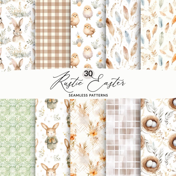 Rustic Easter Digital Paper Pack, Boho Easter Seamless Pattern Set, Rustic Easter Backgrounds, Seamless Patterns Boho Easter Bunny and Chick