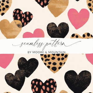 Könnte beinhalten: Ein nahtloses Muster mit verschiedenen Herzen in unterschiedlichen Farben und Mustern. Die Herzen sind rosa, gold, schwarz und braun mit Leopardenmuster und Tupfenmustern.