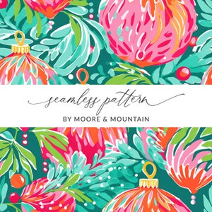 May include: Seamless pattern featuring pink, orange, and white Christmas baubles with teal green foliage and white polka dots. The text "seamless pattern" and "by Moore & Mountain" is displayed on a white banner.