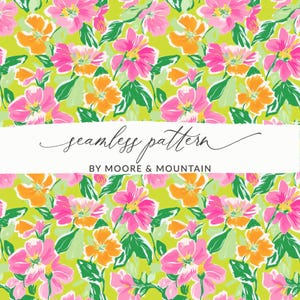May include: A seamless floral pattern featuring pink and orange flowers with green leaves on a bright green background. The text "seamless pattern" and "BY MOORE & MOUNTAIN" are displayed on a white banner.