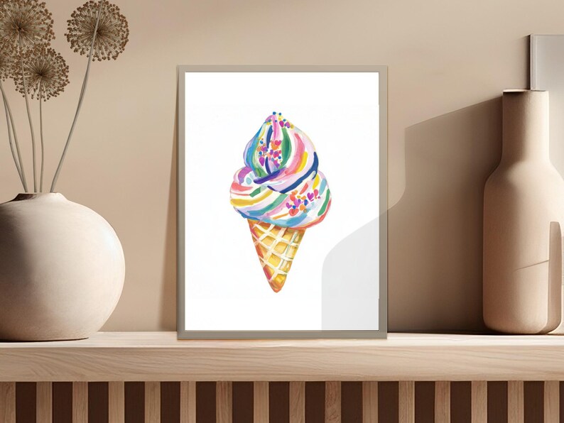 Watercolor Ice Cream Print, Colorful Ice Cream Art, Ice Cream Wall Decor, Kitchen Art Print, Ice Cream Cone Artwork, Whimsical Wall Art