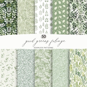 Seamless Sage Green Leaf Pattern, Sage Green Botanical Backgrounds, Green Foliage Seamless Patterns, Minimalist Leaf Digital Papers Set