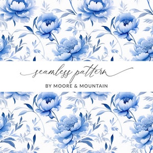 Modern Blue Watercolor Chinoiserie Seamless Pattern, Seamless Chinese Floral Pattern With Blue Oriental Flowers, Commercial Use Blue Floral