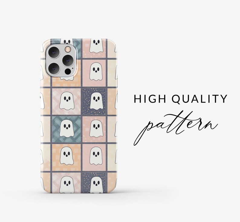 May include: A phone case with a patchwork design featuring ghost illustrations. The case has pastel-coloured squares, each with a white ghost. The text "HIGH QUALITY pattern" is displayed on the right side.