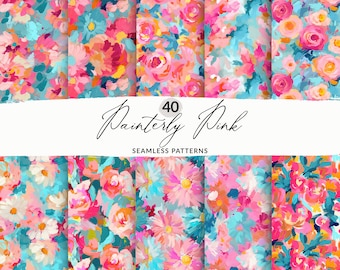 40 Colección de patrones florales abstractos pintados, patrones florales pintados sin costuras, patrón de flores rosa brillante, patrones florales modernos