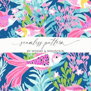 May include: A seamless pattern featuring pink, blue, and yellow fish swimming among green and blue seaweed on a dark blue background. The text "seamless pattern" and "BY MOORE & MOUNTAIN" is displayed on a white banner.