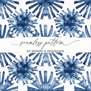 May include: Seamless pattern featuring a repeating design of blue watercolor sunbursts on a white background. The text "seamless pattern" and "BY MOORE & MOUNTAIN" is displayed in the center of the image.