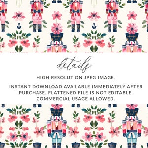 May include: A seamless pattern featuring watercolor illustrations of nutcracker soldiers and pink flowers on a cream background. The text "details" is written in black cursive font.