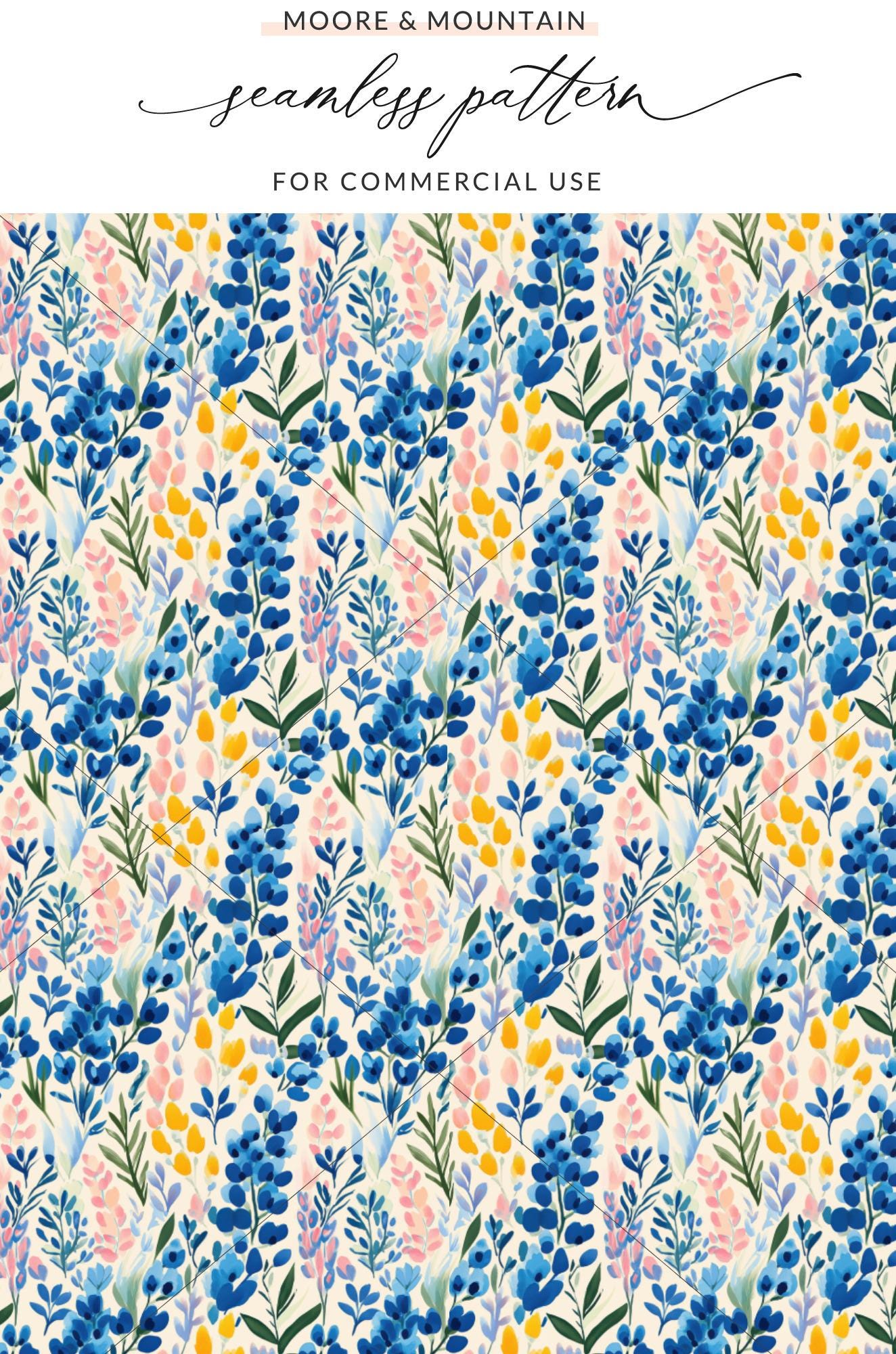 Painterly Bluebonnet Seamless Pattern, Watercolor Wildflower Print ...