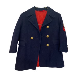 Vintage Wool Navy Children's Coat Solitaire Size Small w/ Cap & Capsnap