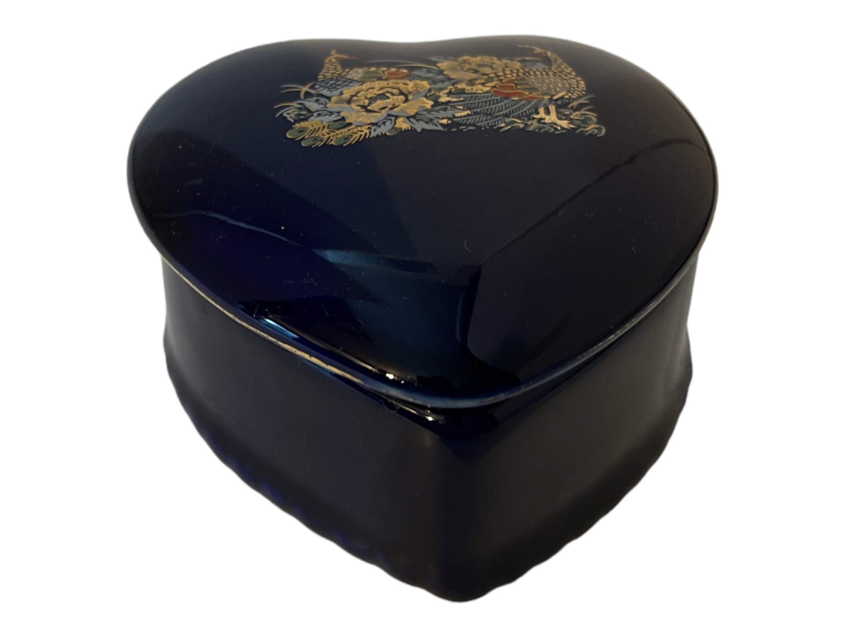 Boîte à Bijoux Vintage En Émail Cloisonné Bleu Cobalt Forme Cœur Avec Coq - Années 70 - Occasion