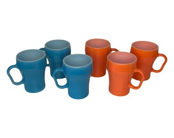 MCM FireKing D Handle Mugs/Soda Glasses/Coffee Cups - 3 blue 3 orange