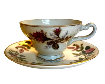 Vintage Moss Rose Footed Teacup & Saucer with Gold Trim