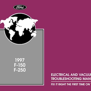 Può includere: Un manuale di risoluzione dei problemi Ford con sfondo viola. La copertina presenta una grafica della mappa del mondo in bianco e nero, il logo Ford e il testo "1997 F-150 F-250". Il testo aggiuntivo recita "Manuale di risoluzione dei problemi elettrici e del vuoto."