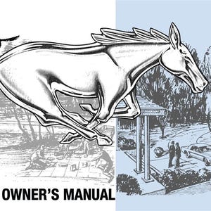 May include: A black and white illustration of a running horse with the word "Mustang" in red lettering above it. The image is from a 1965 Ford Mustang owner's manual and lists the contents of the manual, including warranty, maintenance, controls, accessories, operation, and Ford Quality Car Care.