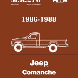 Puede incluir: Dibujo de línea blanca de una camioneta Jeep Comanche sobre un fondo marrón. El texto "M.R. 278 8980 010 171 U.S.A/Canada Edition 1986-1988 Jeep Comanche Body" también está incluido.