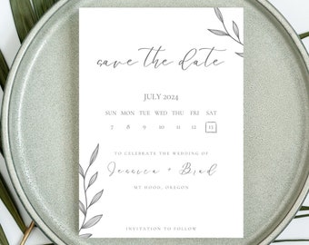 White Save The Date with Week Calendar, Digital Download, Editable in Canva, Electronic Invitation, Simple Digital Invite, Wedding Date, 5x7