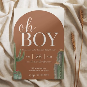 Faire-part de baby shower boho cactus - modèle de toile modifiable, non sexiste, thème du désert, téléchargement immédiat