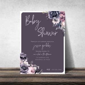 Dark Floral Baby Shower Invitation, Minimalist, Gender Neutral Boy or Girl, Digital Download, Edit Invite in Canva, Print at Home