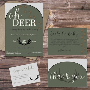 Oh Deer Baby Shower Invitation Bundle - Hunting Theme, Gender Neutral, Printable PDF Set, Books for Baby, Diaper Raffle, Thank you