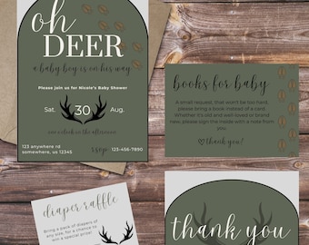Oh Deer Baby Shower Bundle, Digital Download, Invitation, Books for Baby, Diaper Raffle, Thank you, Gender Neutral boy girl, Hunting Theme