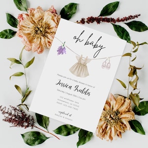Hanging Dress Baby Shower Invitation: Lavender Flowers (Digital Download)