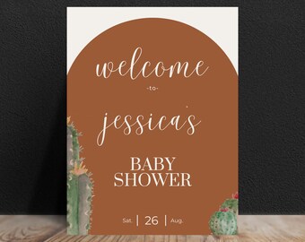 Letrero de bienvenida para baby shower con cactus bohemio: temática desértica (plantilla editable de Canva, descarga instantánea)