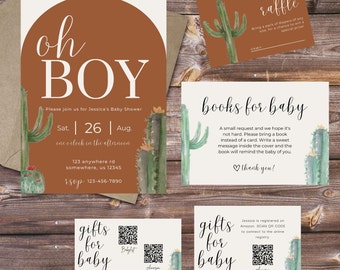Boho Cactus Desert Oh Boy Baby Shower Bundle,  Invitation, Books for Baby, Diaper Raffle, Registry, Digital Download, Baby Boy
