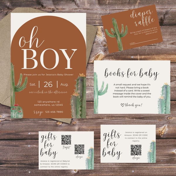 Boho Cactus Desert Oh Boy Baby Shower Bundle,  Invitation, Books for Baby, Diaper Raffle, Registry, Digital Download, Baby Boy