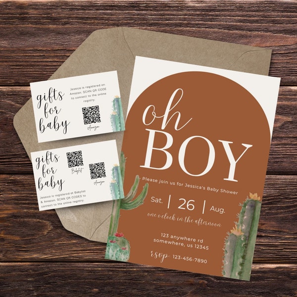 Boho Cactus Desert Oh Boy Baby Shower Bundle, Digital Download, Invitation, Registry Card, Baby Boy Desert Theme, Edit in Canva