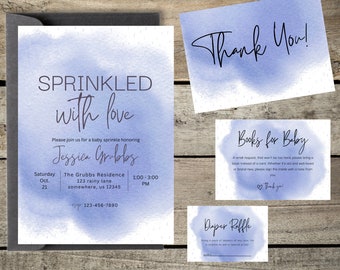 Blue Baby Sprinkle Baby Shower Invitation Bundle, Minimalist, Baby Boy, Digital Download, Edit Invite in Canva, Print at Home, Watercolor