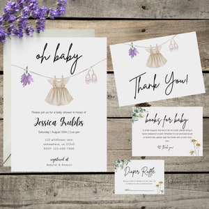 Conjunto de convites para chá de bebê Oh Baby Hanging Dress - Tema minimalista de flores silvestres, menina, modelo editável do Canva, download instantâneo