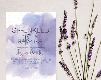 Lila Baby Sprinkle Einladung: Minimalistische Canva Vorlage (Instant Download)