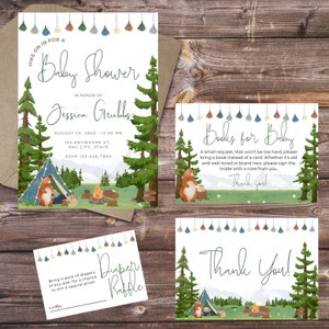 Lot d'invitations pour baby shower de camping et de randonnée - modèle de toile modifiable, non sexiste, thème des bois, téléchargement immédiat