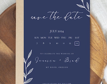 Réservez la date bleu marine avec calendrier hebdomadaire, téléchargement numérique, modifiable sur toile, invitation électronique, invitation numérique simple, date de mariage, 5 x 7