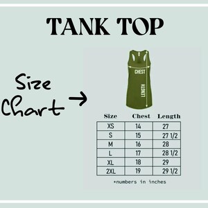 May include: Olive green tank top with a size chart. The chart shows chest and length measurements in inches for sizes XS to 2XL. The text "TANK TOP" and "Size Chart" are also displayed.