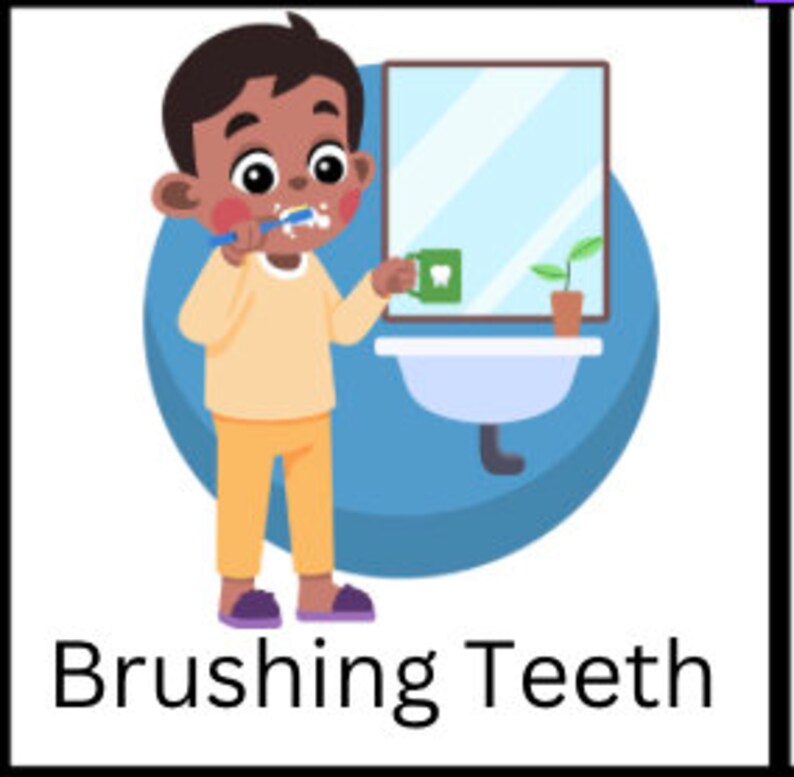 May include: A cartoon illustration of a person brushing their teeth in front of a bathroom sink. The person is wearing a yellow shirt, blue pants, and purple slippers. The sink is white with a green cup on the counter. There is a small plant in a brown pot on the counter. The text "Brushing Teeth" is below the image.