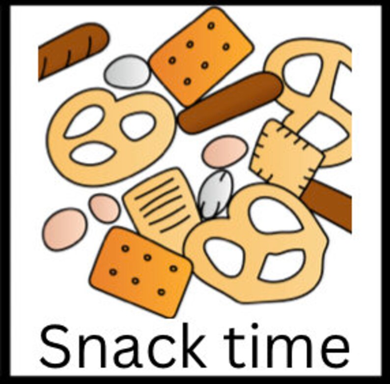 May include: A variety of baked goods, including pretzels, crackers, and breadsticks, are scattered on a white background. The text "Snack time" is written below the image.