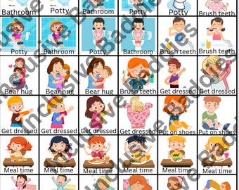 Puede incluir: Un gráfico colorido con ilustraciones de niños realizando diversas actividades diarias, como cepillarse los dientes, vestirse, comer y dormir. El gráfico incluye las palabras "Baño", "Orinal", "Cepillarse los dientes", "Abrazo de oso", "Vestirse", "Ponerse los zapatos", "Hora de la comida", "Ir a dormir" y "Pausa de movimiento".