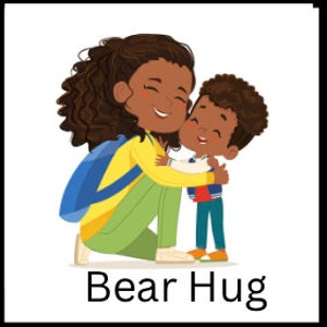 May include: A woman with long curly brown hair is giving a little boy a big hug. They are both smiling. The woman is wearing a yellow shirt, green pants, and a blue backpack. The boy is wearing a blue and white striped shirt, blue jeans, and a blue jacket.