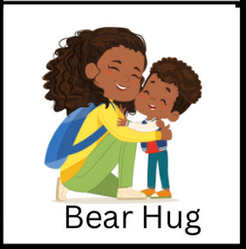 May include: A woman with long curly brown hair is giving a little boy a big hug. They are both smiling. The woman is wearing a yellow shirt, green pants, and a blue backpack. The boy is wearing a blue and white striped shirt, blue jeans, and a blue jacket.