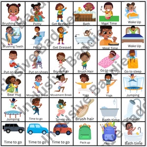 May include: A colorful chart with illustrations of children performing various activities, such as brushing teeth, putting on shoes, brushing hair, going to sleep, bear hugging, movement breaks, yoga, jumping, time to go, packing up, and bath time. The chart includes the text "Brushing Teeth", "Potty", "Get Dressed", "Bath", "Meal Time", "Wake Up", "Put on shoes", "Brush Hair", "Go to sleep", "Bear Hug", "Movement Break", "Yoga", "Jumping", "Time to go", "Brush hair", "Bath time", "Shower", "Pack up", and "Bath time".