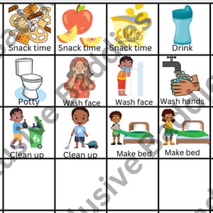 May include: A colorful grid of images depicting various daily routines for children, including bath time, snack time, potty training, washing hands, cleaning up, and making beds.