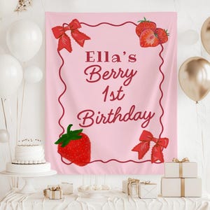 Berry First Birthday Party Banner, Indoor Wall Tapestries, Custom Birthday Banner, Cute Strawberry Theme, 1st Birthday Tapestry, Nursery