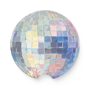 May include: A car coaster featuring a disco ball design. The coaster is round with a small notch and is covered in small, square, reflective tiles in shades of blue, pink, yellow, and silver. The coaster is designed to fit in a car cup holder.
